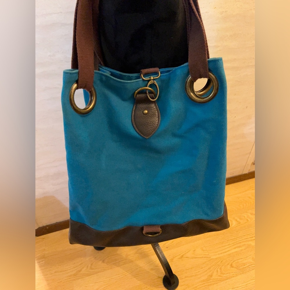 Magellan Outdoors Turquoise Canvas Tote with Brown Leather Trim